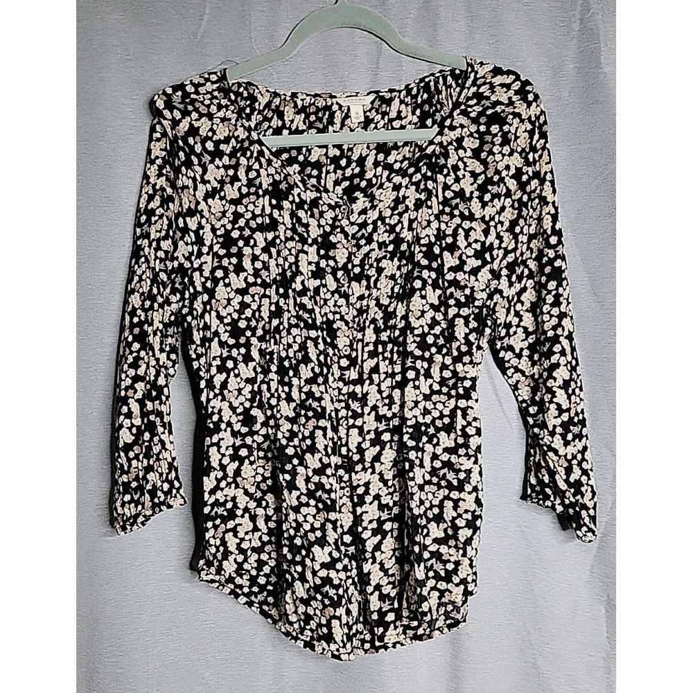 Sonoma Life+Style Blouse Womens Size Medium Black & Beige Floral Flowing